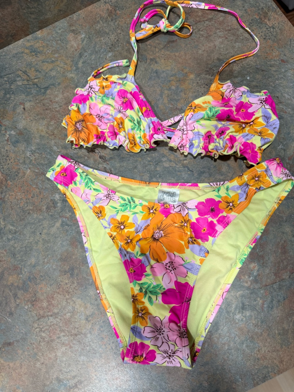 Wild Fable 3 Piece Floral Ruffle Bikini Set- cover up skirt-Yellow,Pink&Orange